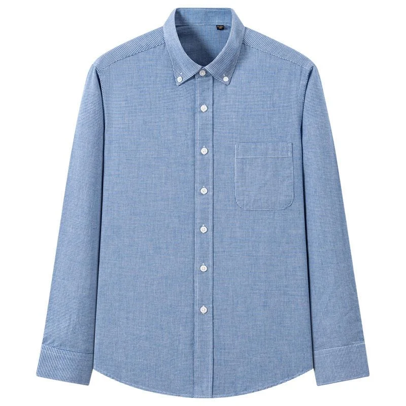 Houndstooth Wool-Blend Shirt — A fine houndstooth shirt on a stand in blue, green and dark grey, with the button-down collar shown in close-up
