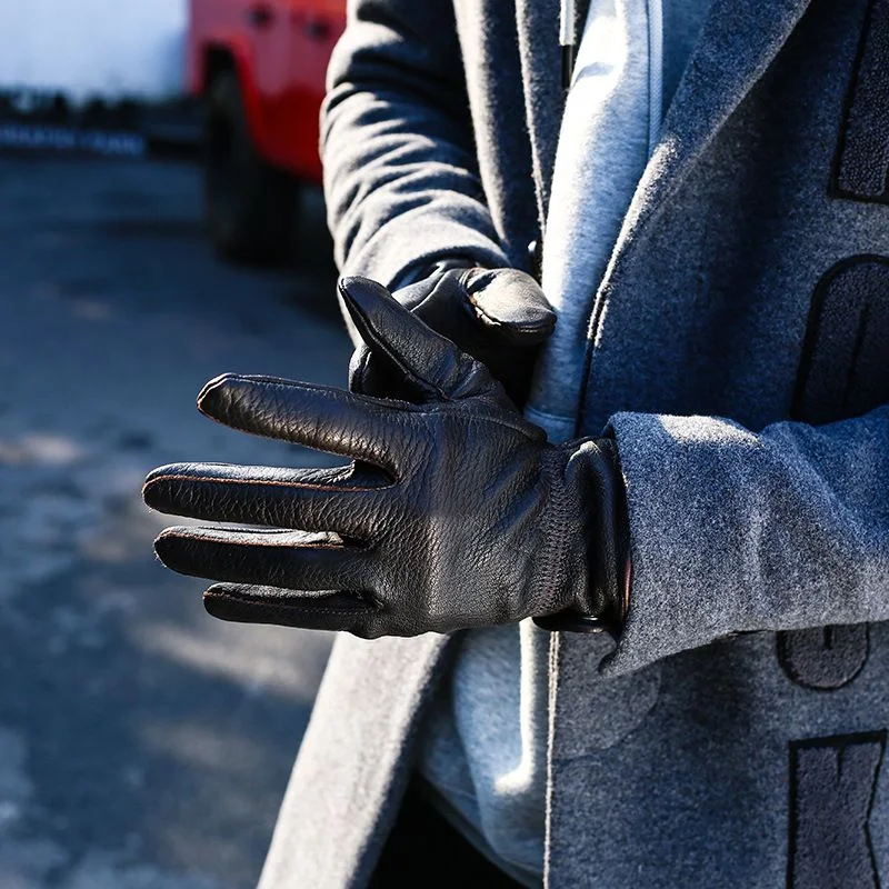 Sheepskin Strap-Cuff Glove — Sheepskin gloves with a stitched wrist strap and a small buckle, shown in black, dark brown, chestnut, tan and slate grey