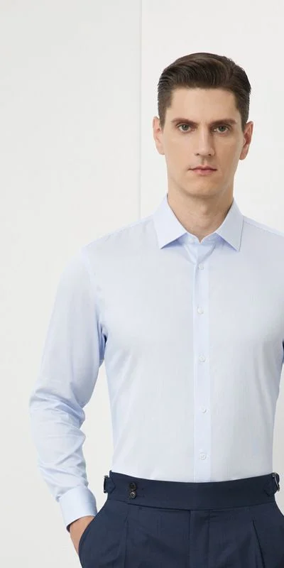 Silk-Blend Dress Shirt — A 200-count cotton-and-silk dress shirt with a spread collar, shown in light-blue hairline stripe, white, light-blue check, light-grey self-stripe and a starry-blue houndstooth collar