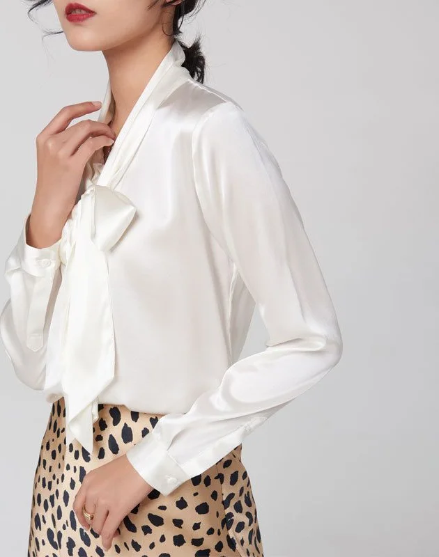 Mulberry Silk Bow Blouse — Loose mulberry silk blouse with a long tie neck, shown in white, black, coffee, caramel and two champagnes