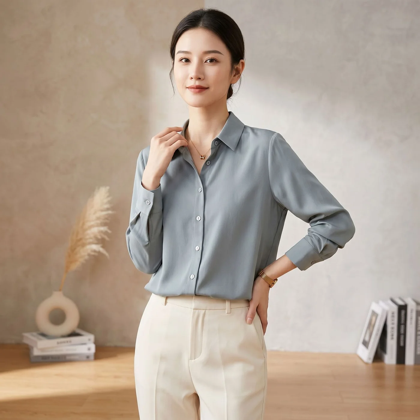 Soft-Collar Silk Shirt — A loose-cut silk shirt in pale blue-grey worn over cream trousers, worn with the collar open