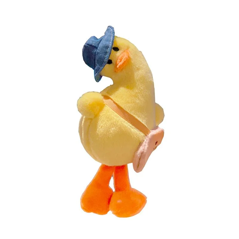 Tilted-Head Duck Charm — Plush duck bag charm with a tilted head, denim-effect bucket hat and a tiny crossbody bag