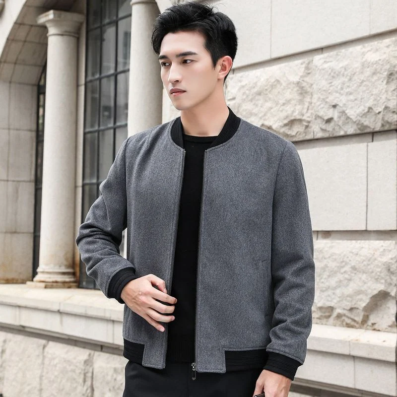 Wool Bomber Jacket — A wool bomber jacket with a ribbed collar, cuffs and hem and a zip front, shown in grey and black