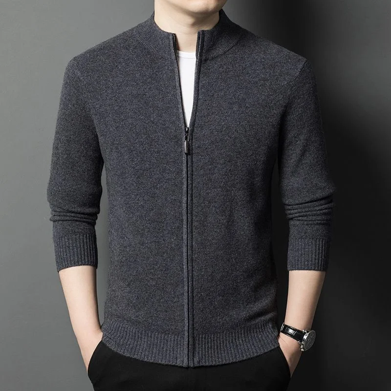 Wool Zip Cardigan — A knitted wool cardigan with a stand collar and a full-length zip, shown in eight colourways on the same model