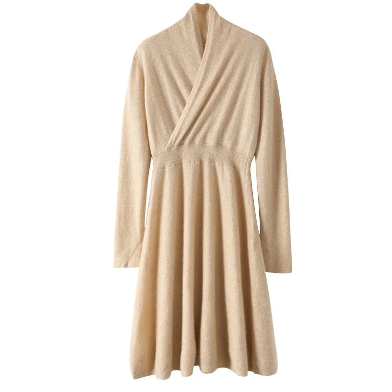 Wrap Knit Midi Dress — A brushed knit wrap midi dress with a deep V neck, ribbed waist and flared skirt, shown flat and worn in six colours